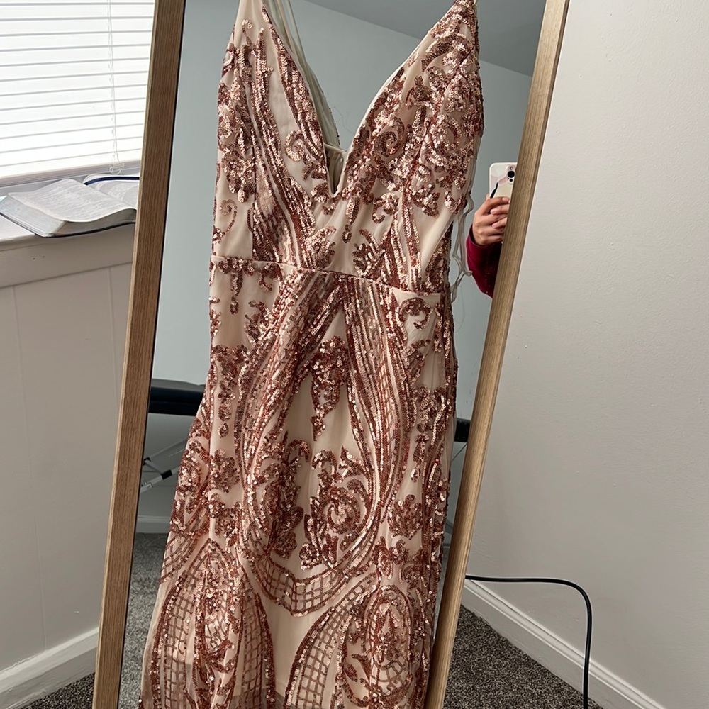 Rose gold and tan dress